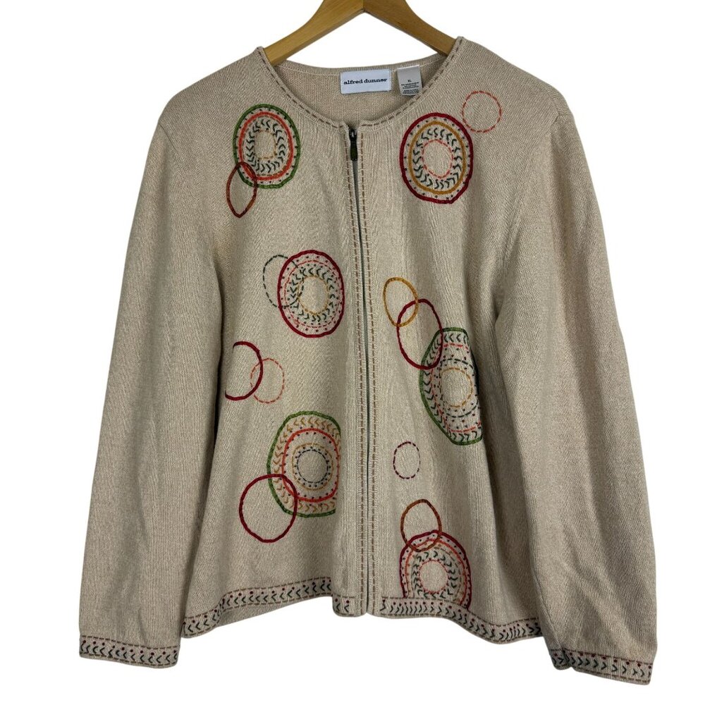 Alfred Dunner Embroidered Beaded Zip Cardigan Sweater XL Geometric Circles Vtg